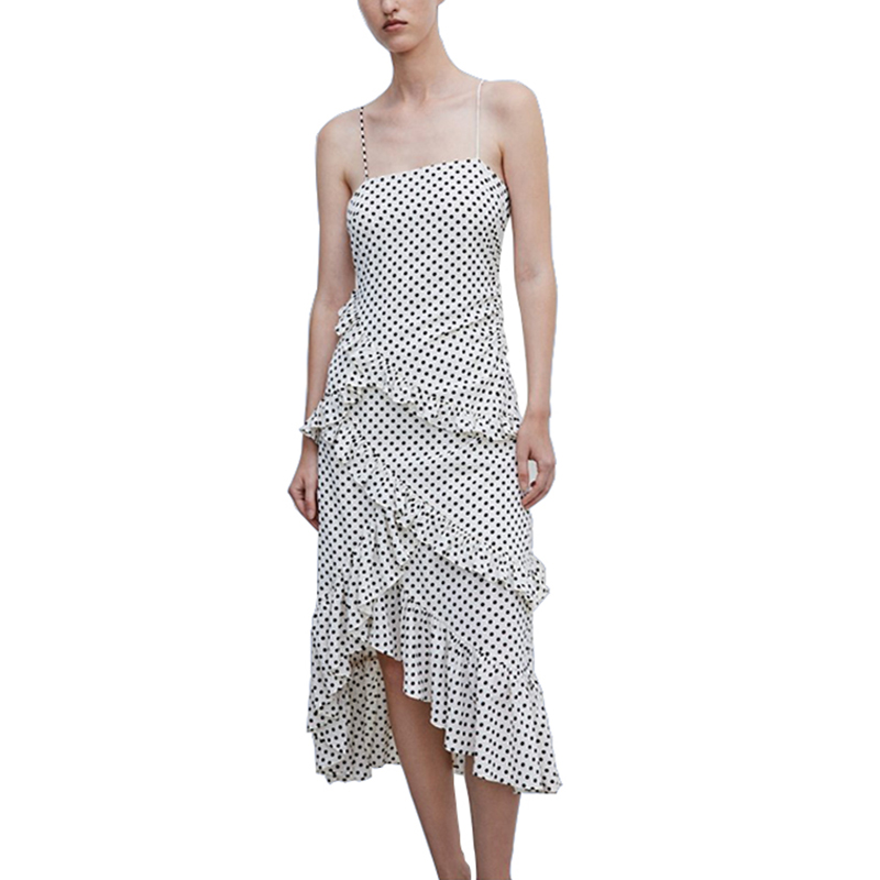Cotton Dot Printed Suspender Slip Dress Shoulder off Frill Long Dress  (1)
