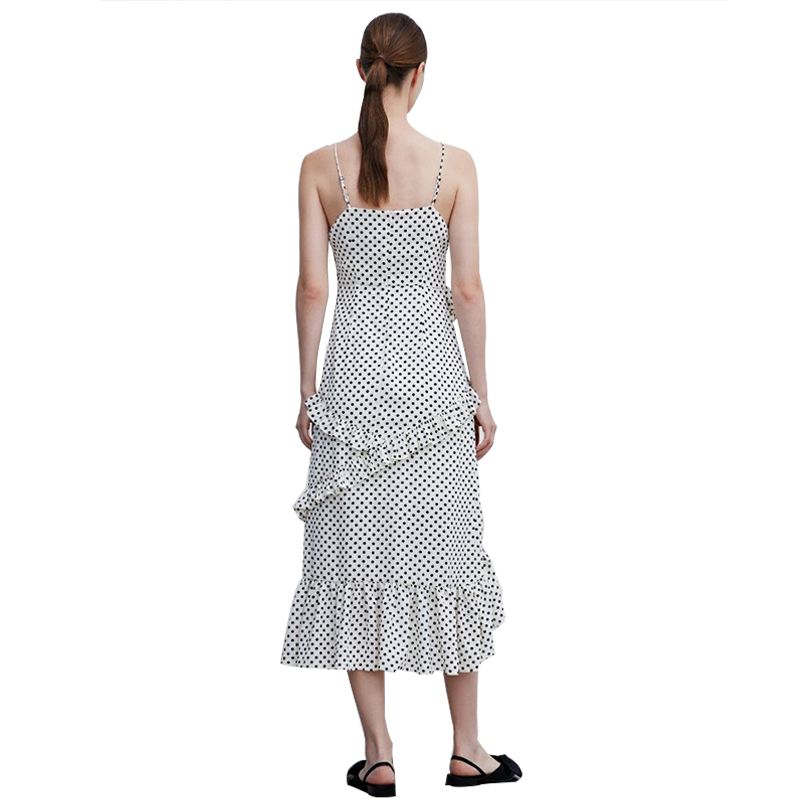 Cotton Dot Printed Suspender Slip Dress Shoulder off Frill Long Dress  (2)