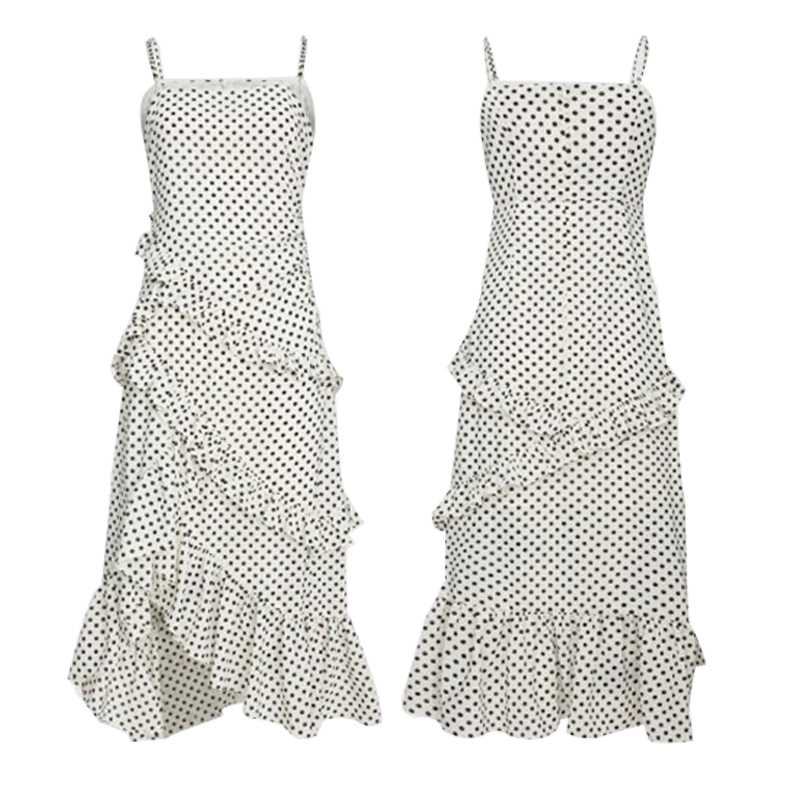 Cotton Dot Printed Suspender Slip Dress Shoulder off Frill Long Dress  (4)