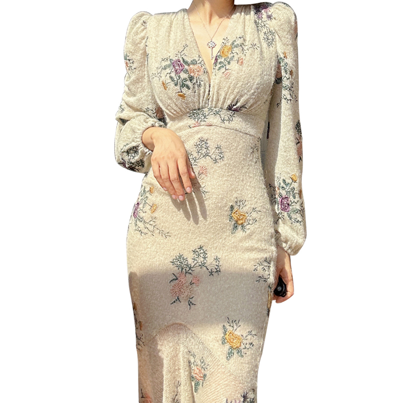 Cotton stretch weaved printing V neck puff sleeve asymmetry bodice dress (3)