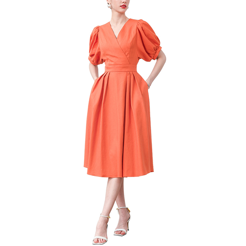 Linen Orange Wrap V neck Loose Short Sleeve Loose Mid Dress (1)