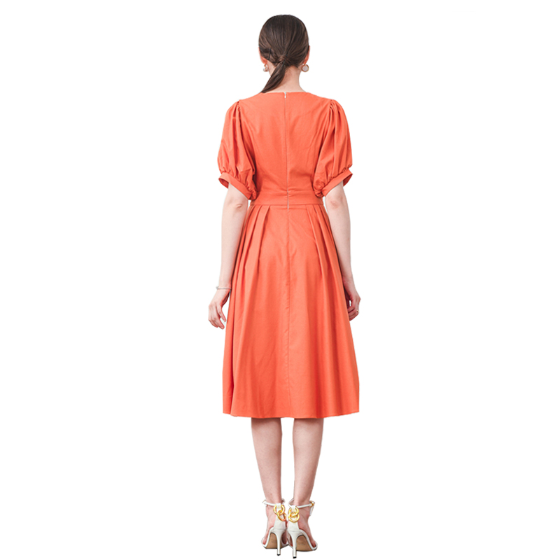 Linen Orange Wrap V neck Loose Short Sleeve Loose Mid Dress (2)