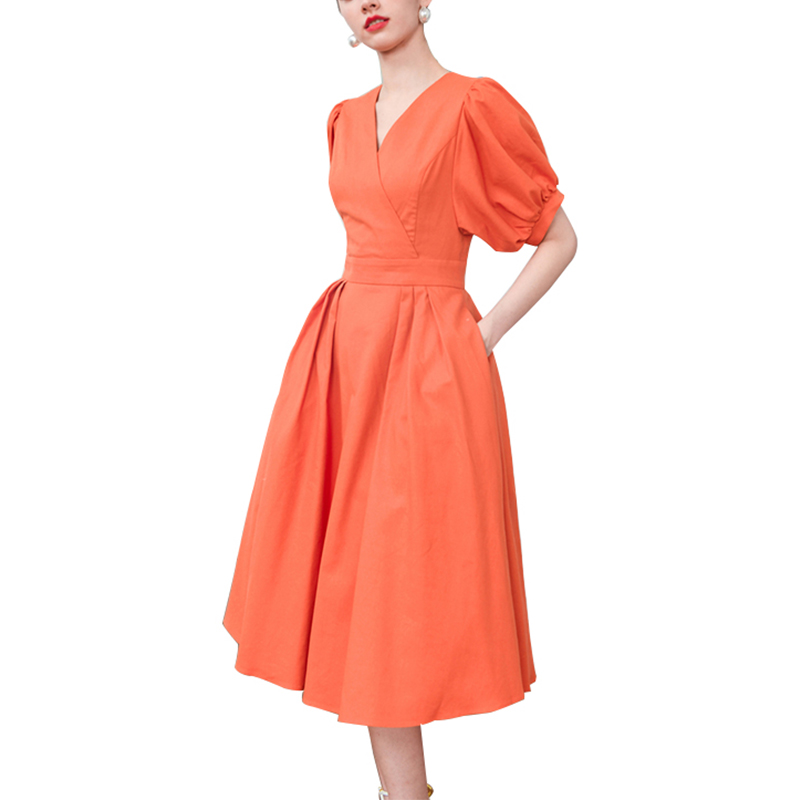 Linen Orange Wrap V neck Loose Short Sleeve Loose Mid Dress (3)