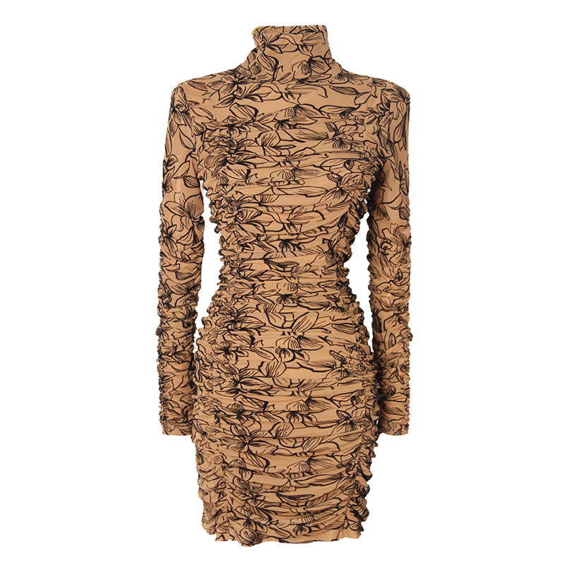 Mesh stretch digital print crinkled high neck midi bodice dress (1)