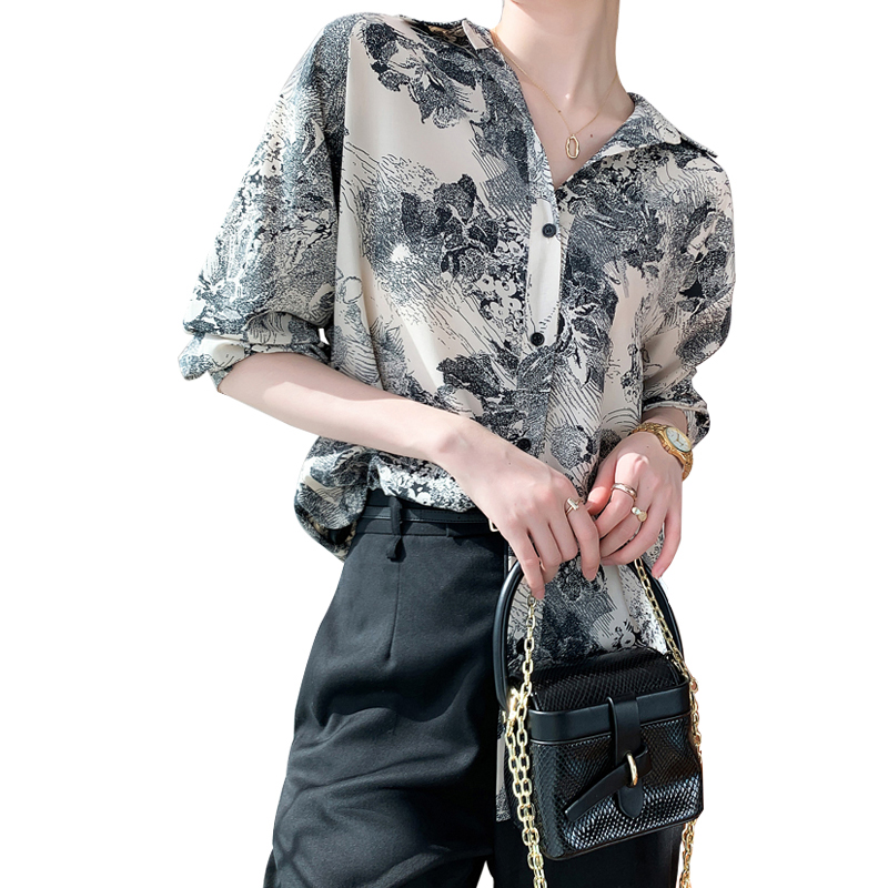 SS2304 Cotton ink digital print long sleeve womens blouse shirts  (5)