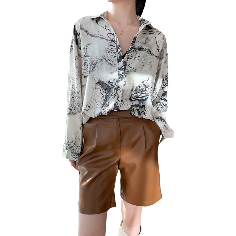 SS2305 Satin Silk ink digital print long sleeve womens blouse shirts  (1)