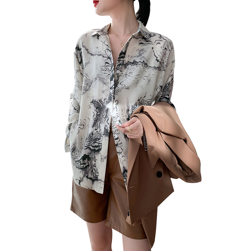 SS2305 Satin Silk ink digital print long sleeve womens blouse shirts  (2)