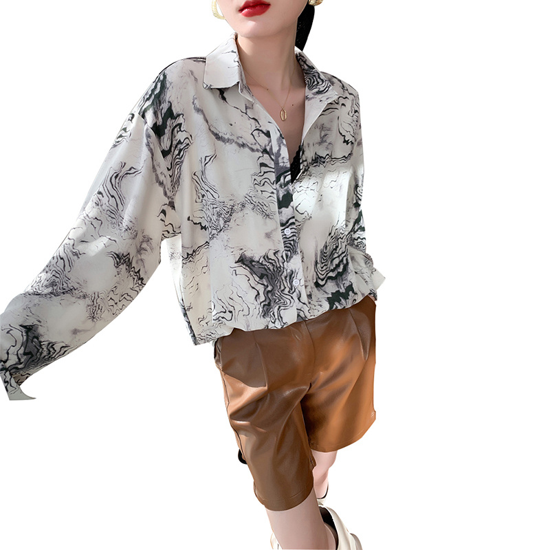 SS2305 Satin Silk ink digital print long sleeve womens blouse shirts  (4)