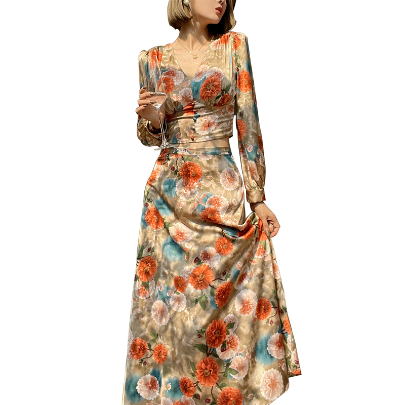 SS2310 Satin Silk Digital Printed V neck Long sleeve Crop Top Blouse Slim straight Skirts (1)