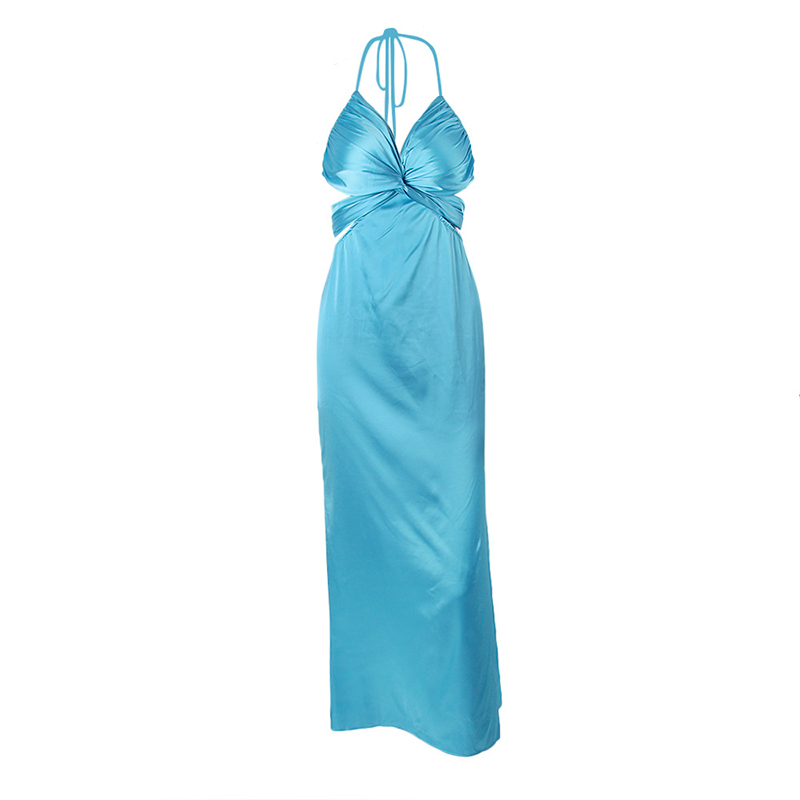 SS23108 Satin Silk Plan Cut Chest Tied Neck tied Waist Backless Long Dress  (1)
