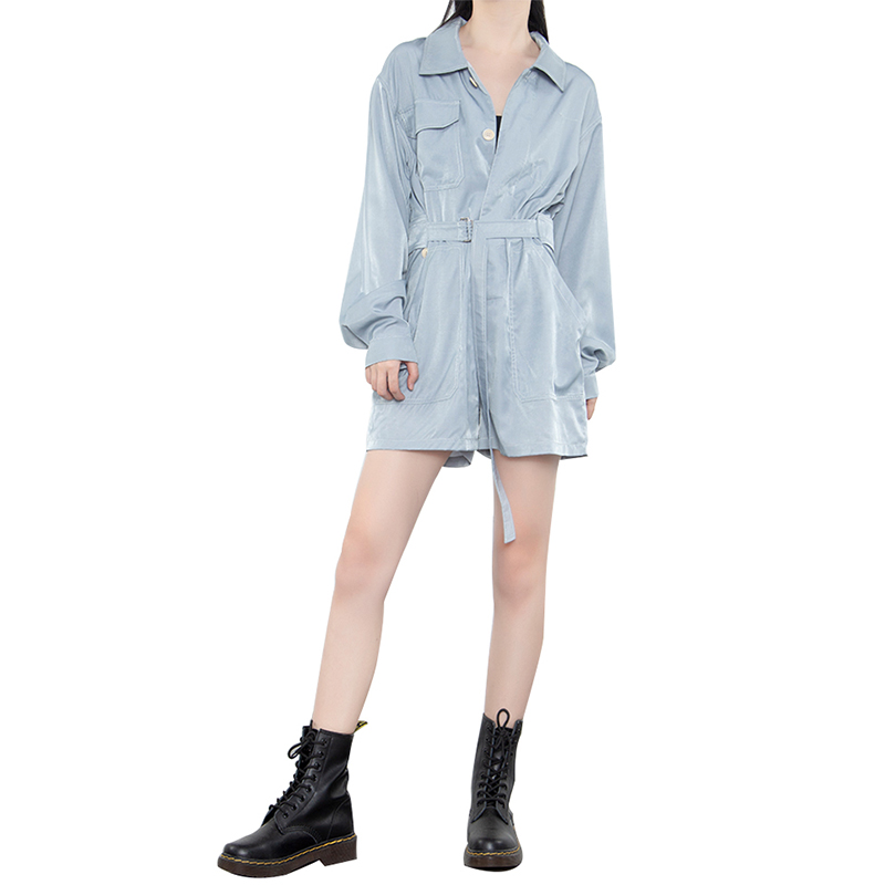 SS23113 Tencel Cotton Wash Blue Shirt Neck long sleeve shorts below Playsuit Jumper (1)