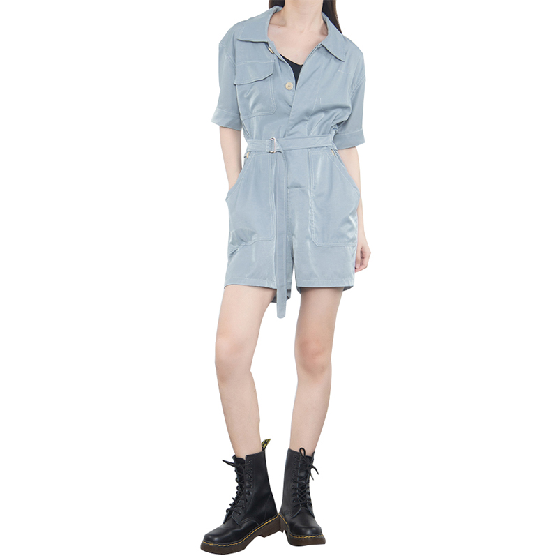 SS23113 Tencel Cotton Wash Blue Shirt Neck long sleeve shorts below Playsuit Jumper (2)