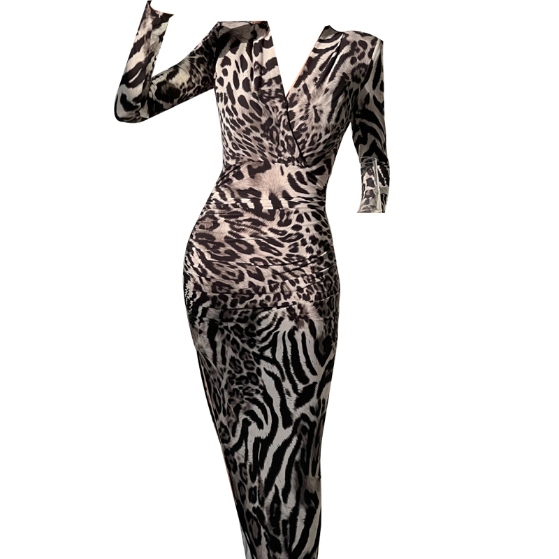 SS2316 Mesh Digital Printed Leopard Long Sleeve V Neck Bodic Long Slim Dress (3)
