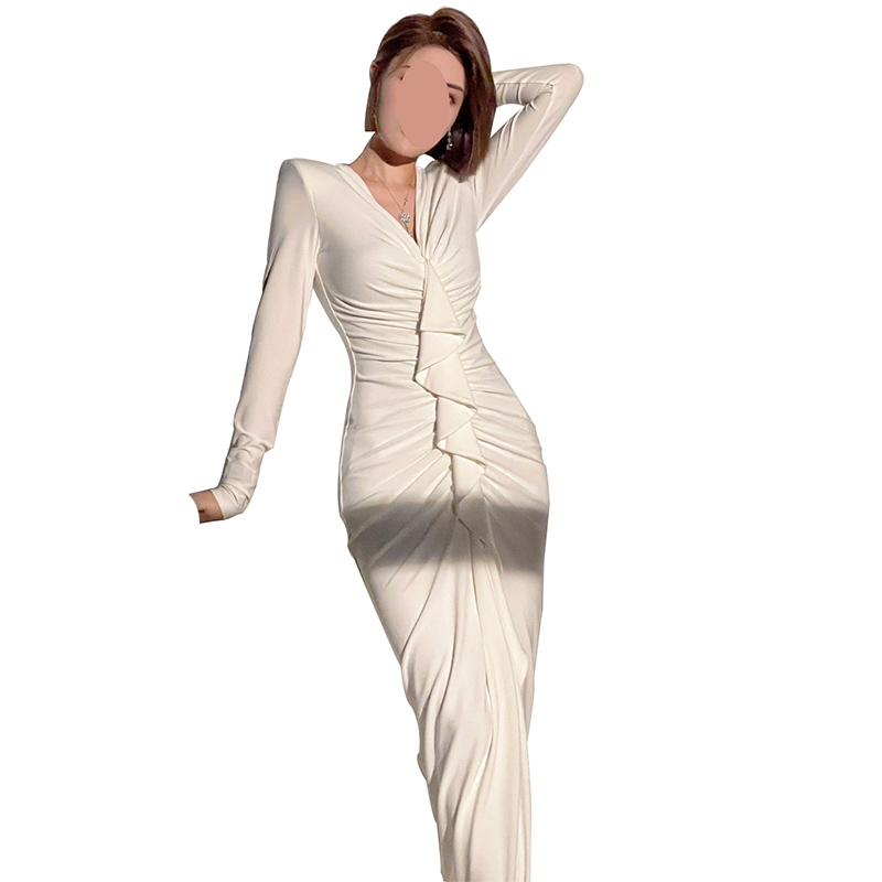 SS2318 Tencel Blend Crinkled V neck Frill Long Sleeve Bodice Slim Dress  (2)