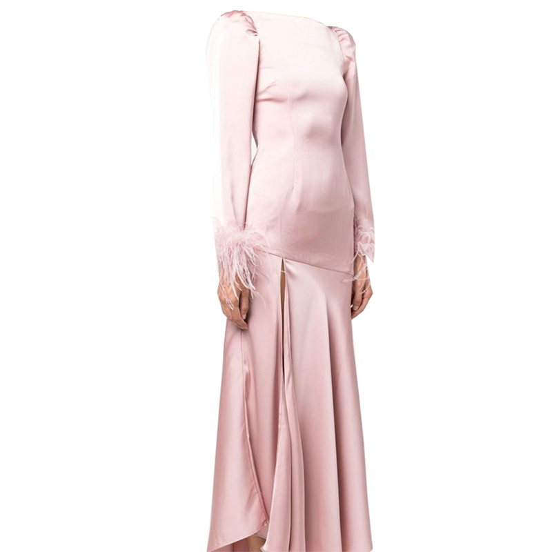 SS2319 Satin Silk Round Neck Long Sleeve Bodice Slim Dress  (2)