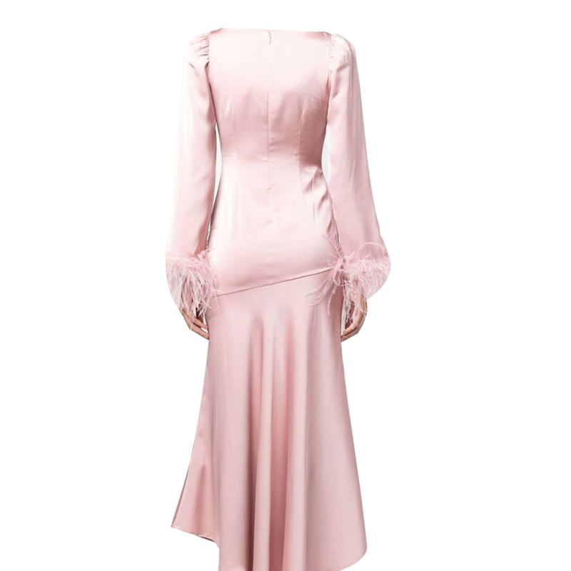 SS2319 Satin Silk Round Neck Long Sleeve Bodice Slim Dress  (3)