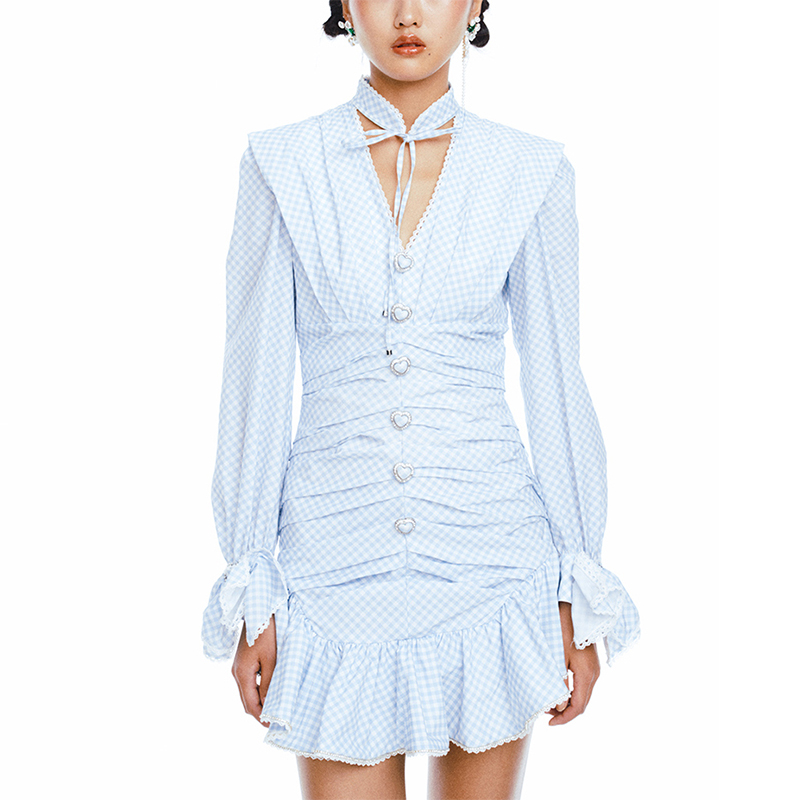 SS2322 Viscose Digital Printed Tied Neck Frill Long sleeve Mini Dress (1)