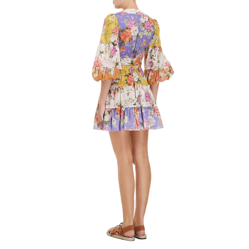 SS2365 Cotton Voile Digital Printed Mid L anternSleeve Wrap Tied mini dress (1)