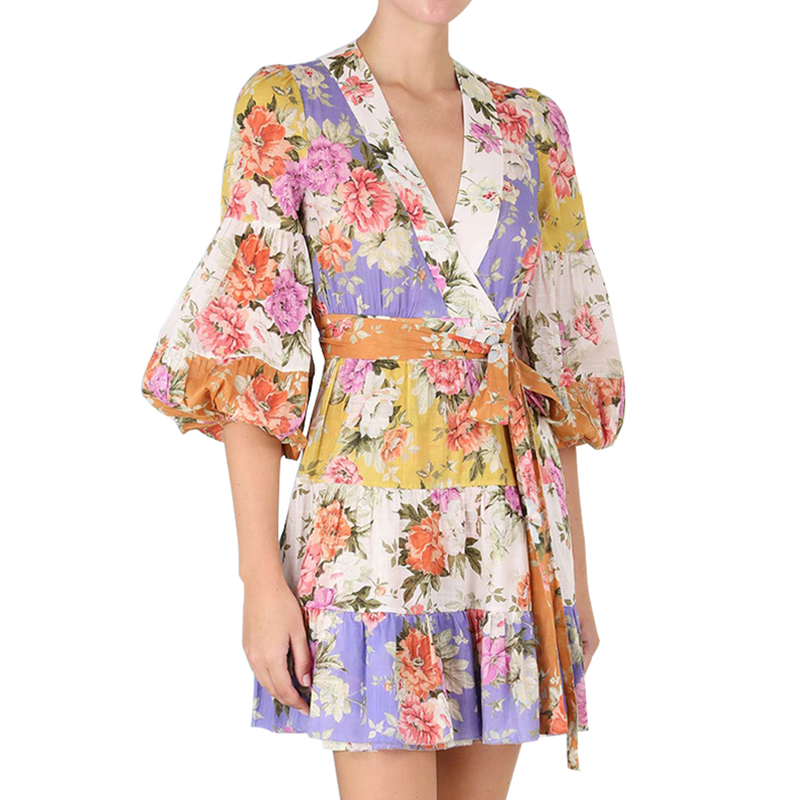SS2365 Cotton Voile Digital Printed Mid L anternSleeve Wrap Tied mini dress (2)