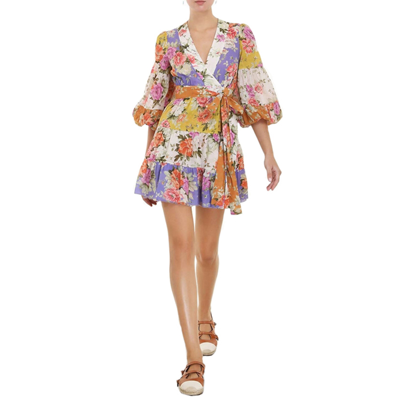 SS2365 Cotton Voile Digital Printed Mid L anternSleeve Wrap Tied mini dress (3)
