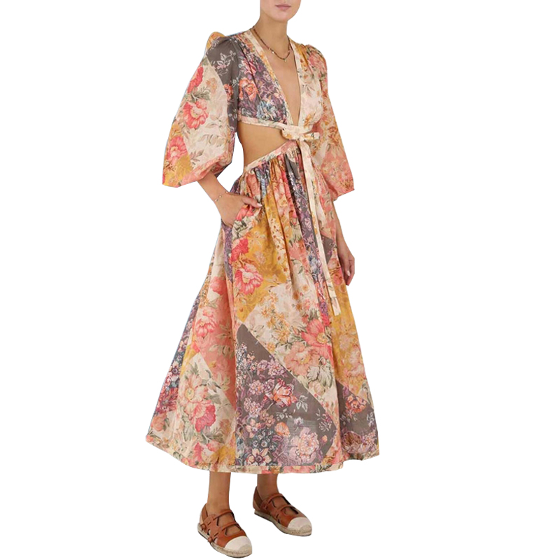 SS2366 Cotton Voile Digital Printed Mid Sleeve Cut Out V neck Tied Long Dress (2)