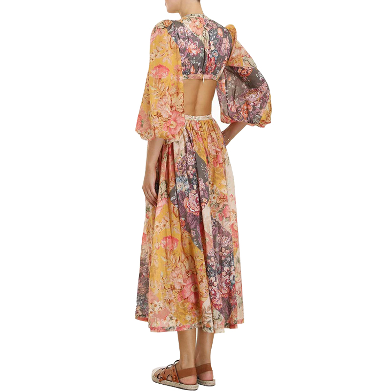 SS2366 Cotton Voile Digital Printed Mid Sleeve Cut Out V neck Tied Long Dress (3)