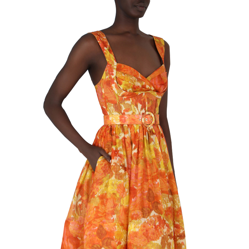SS2368 Cotton Linen Digital Printed Crop Neck width Strape Puff Long Dress (5)