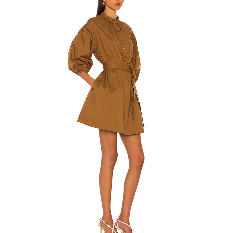 SS2384 Cotton Linen Stand Neck button Up Mid Sleeven Womens blouse Dress (6)